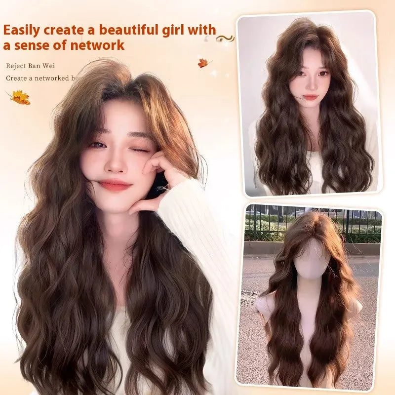 Full head synthetic wig with long curly brown hair and side bangs, made from high temperature fibre.