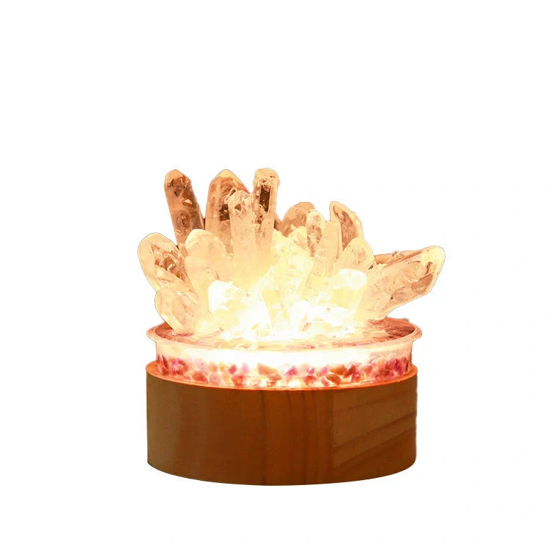 White natural crystal night light measuring 10x8.5cm with USB cable