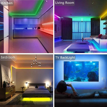 Customizable 65-ft RGB LED light strips in various home decor settings, including bedroom, living room, and TV backlighting