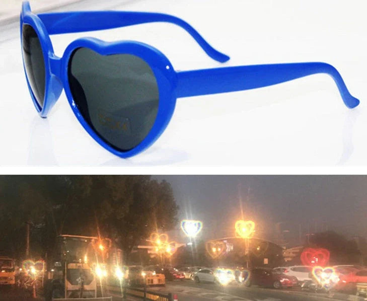 Stylish heart-shaped lighting sunglasses with a plastic frame and resin lenses, creating a mesmerizing effect for romantic occasions