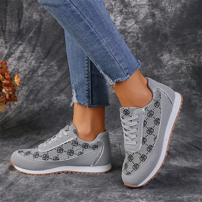 Women's flower print lace-up sneakers in grey and camel colors