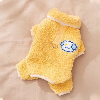 Yellow thick plush dog pyjama one-piece suit with cartoon work-clothes design and lapel collar for puppies and cats