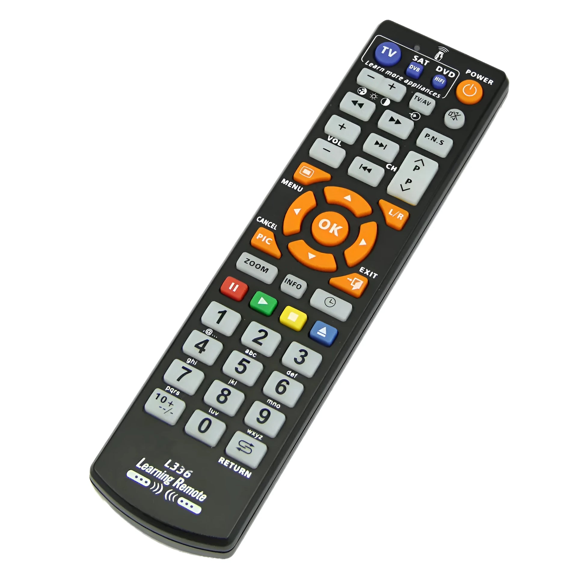 Black L336 learning remote control for audio and electronic equipment.