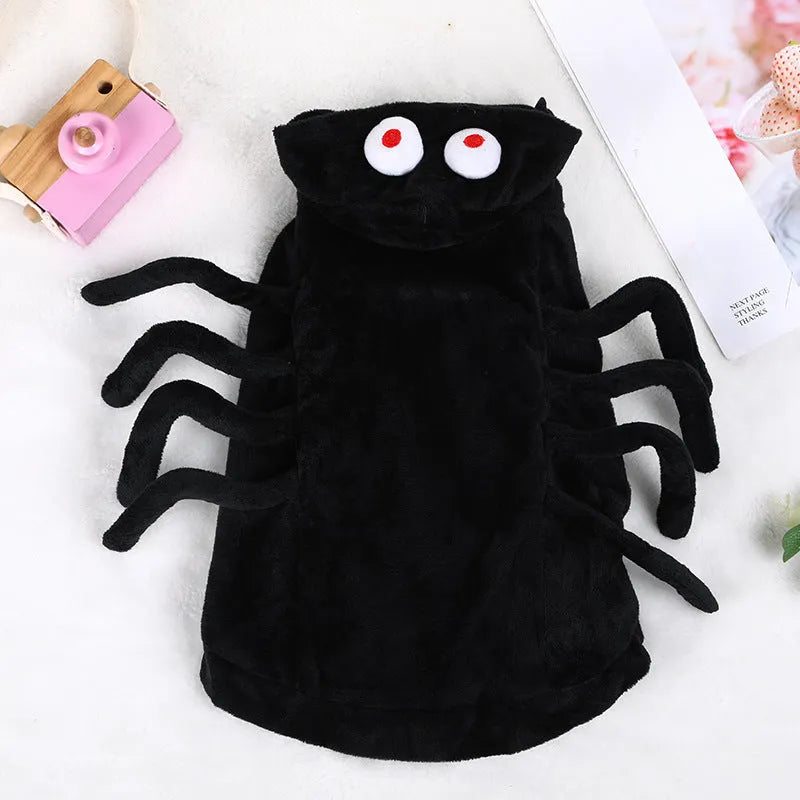 Dog wearing a black spider pattern Halloween costume made from polyester fabric
