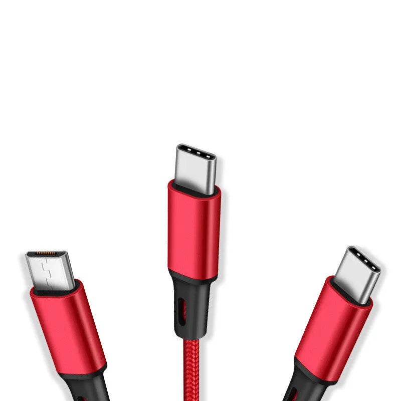 Three-in-one charging cable with nylon braid in red, blue, gold, black, silver, and rose gold colour options.