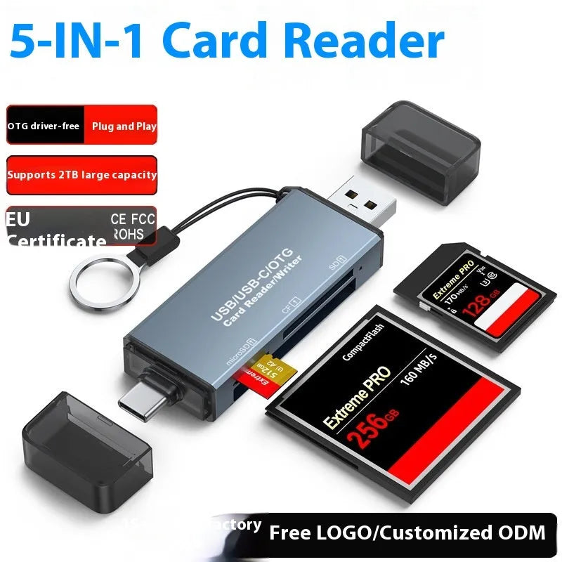 CF SD TF three-in-one USB card reader with aluminum alloy housing showing compact size