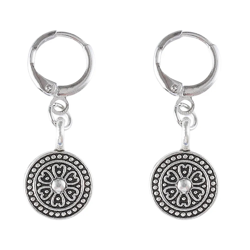 Geometric zinc alloy earrings with distressed ethnic print in retro bohemian style