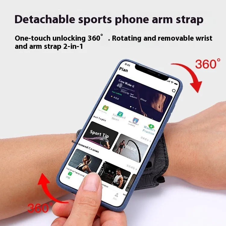 Black ABS PC mobile phone wrist strap holder for 4-7 inch smartphones, shown on a wrist for delivery or running.