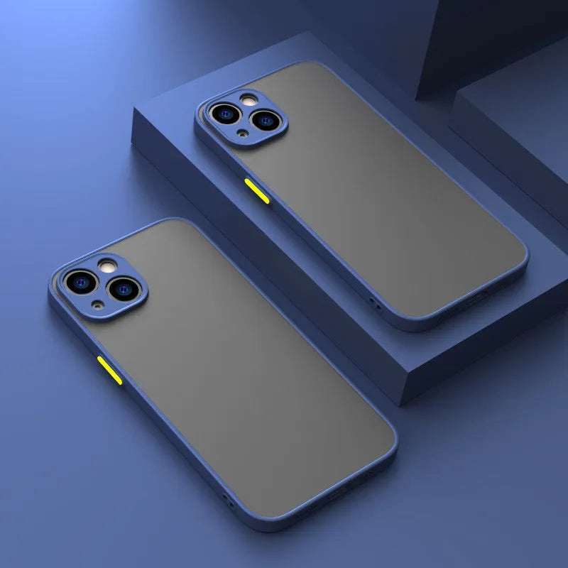 Fine hole skin-sensing iPhone case with frosted finish showing 0.8mm thin profile and full lens protection