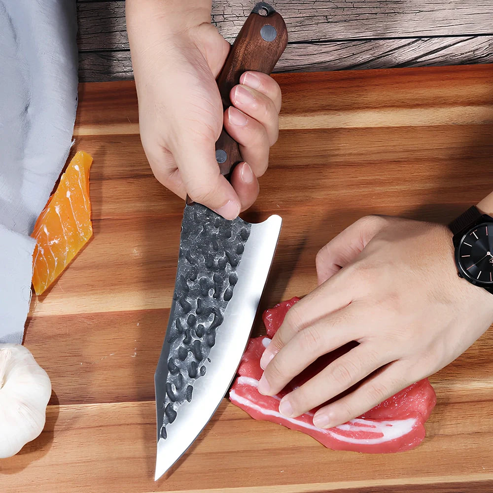 7 inch hand forged stainless steel kitchen knife with C6 slaughtering blade and modern design