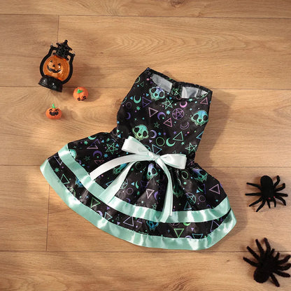 Halloween dog skirt in colourful pumpkin print, double-layer design, size medium on a dog.