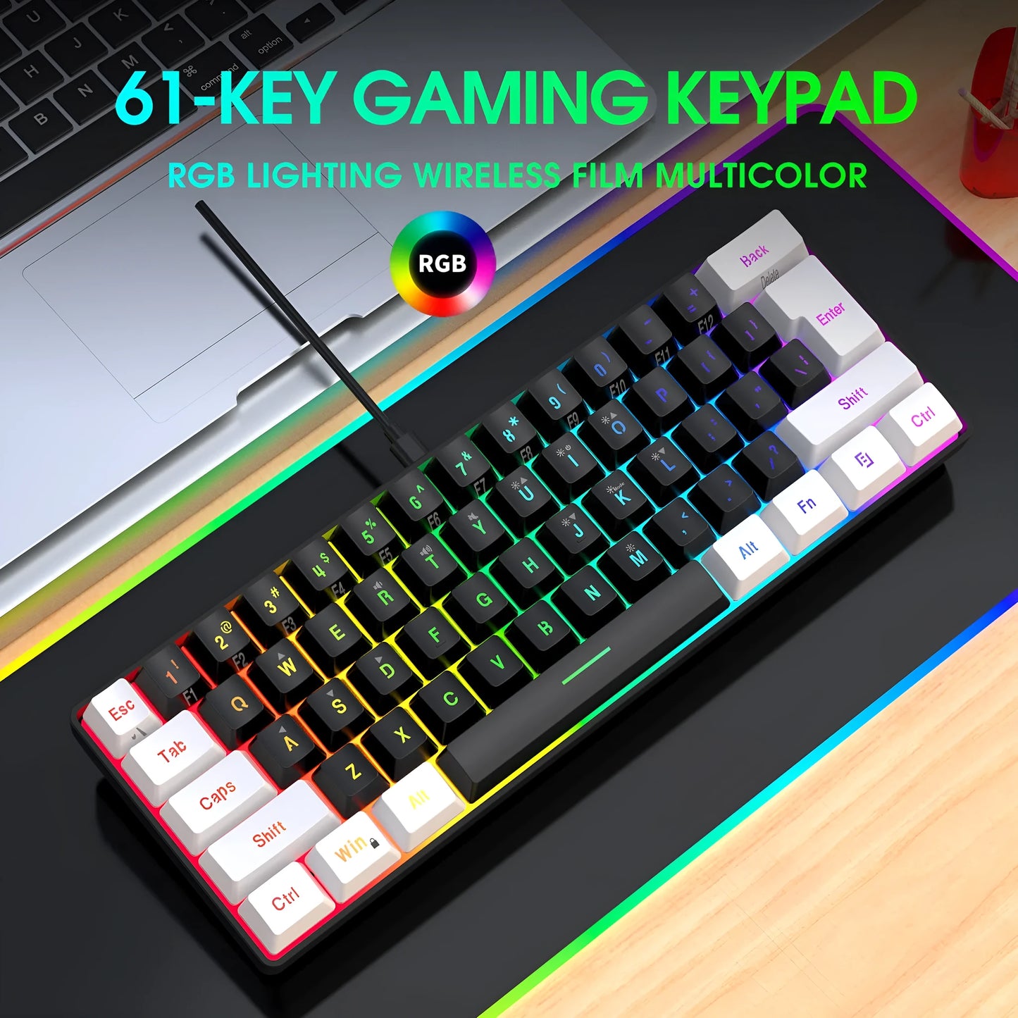 Simple wired 61 key membrane keyboard in white and black colour with 1.7 metre cable