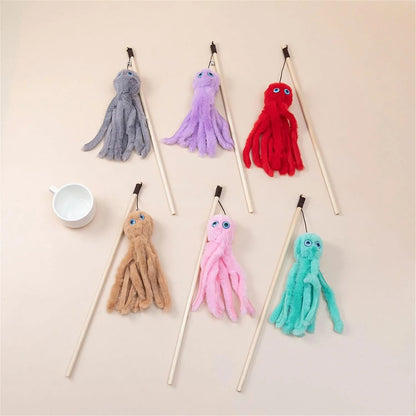 Long stick cat toy with furry octopus attachment and eyes in assorted colours