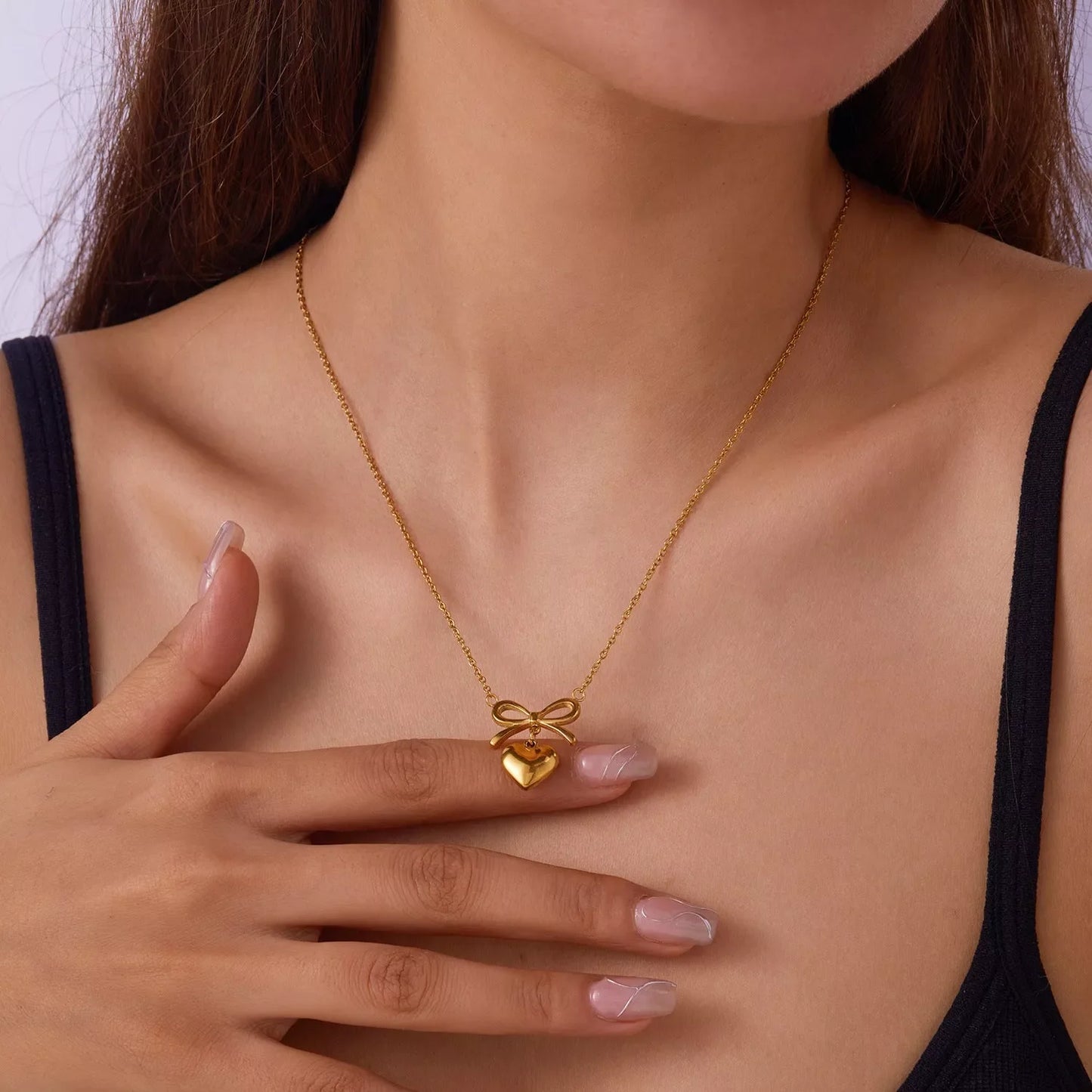 Stainless steel heart bowknot charm choker necklace for women, waterproof and adjustable