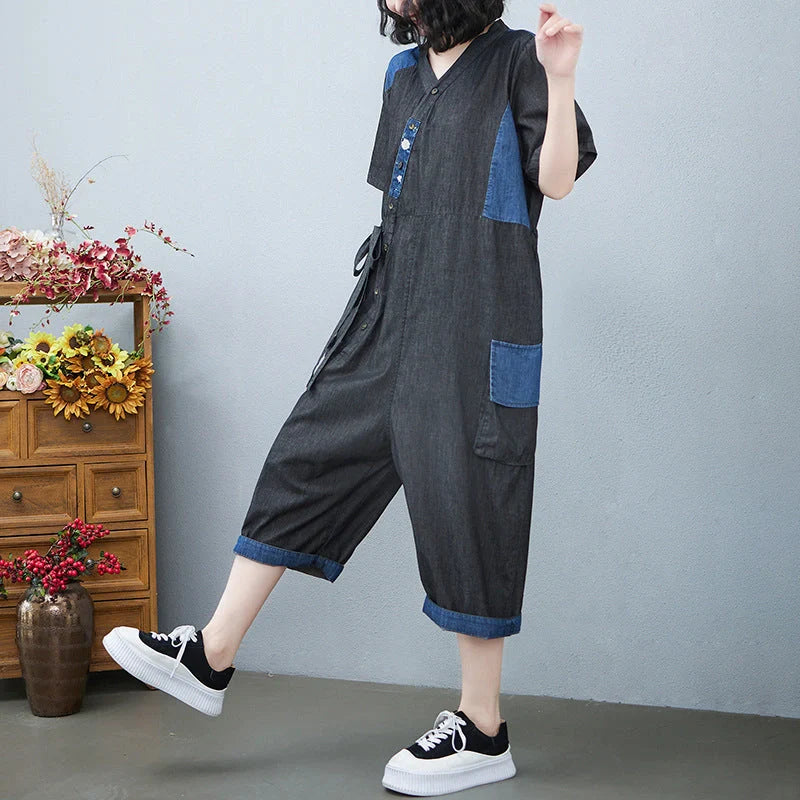 Stylish women's denim drawstring jumpsuit in blue and black