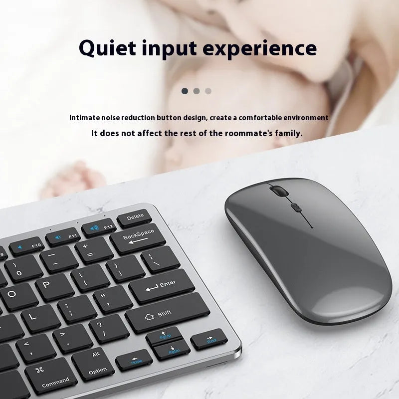 Black ultra-thin wireless keyboard and mouse combo with USB receiver and keyboard cover on a desk.