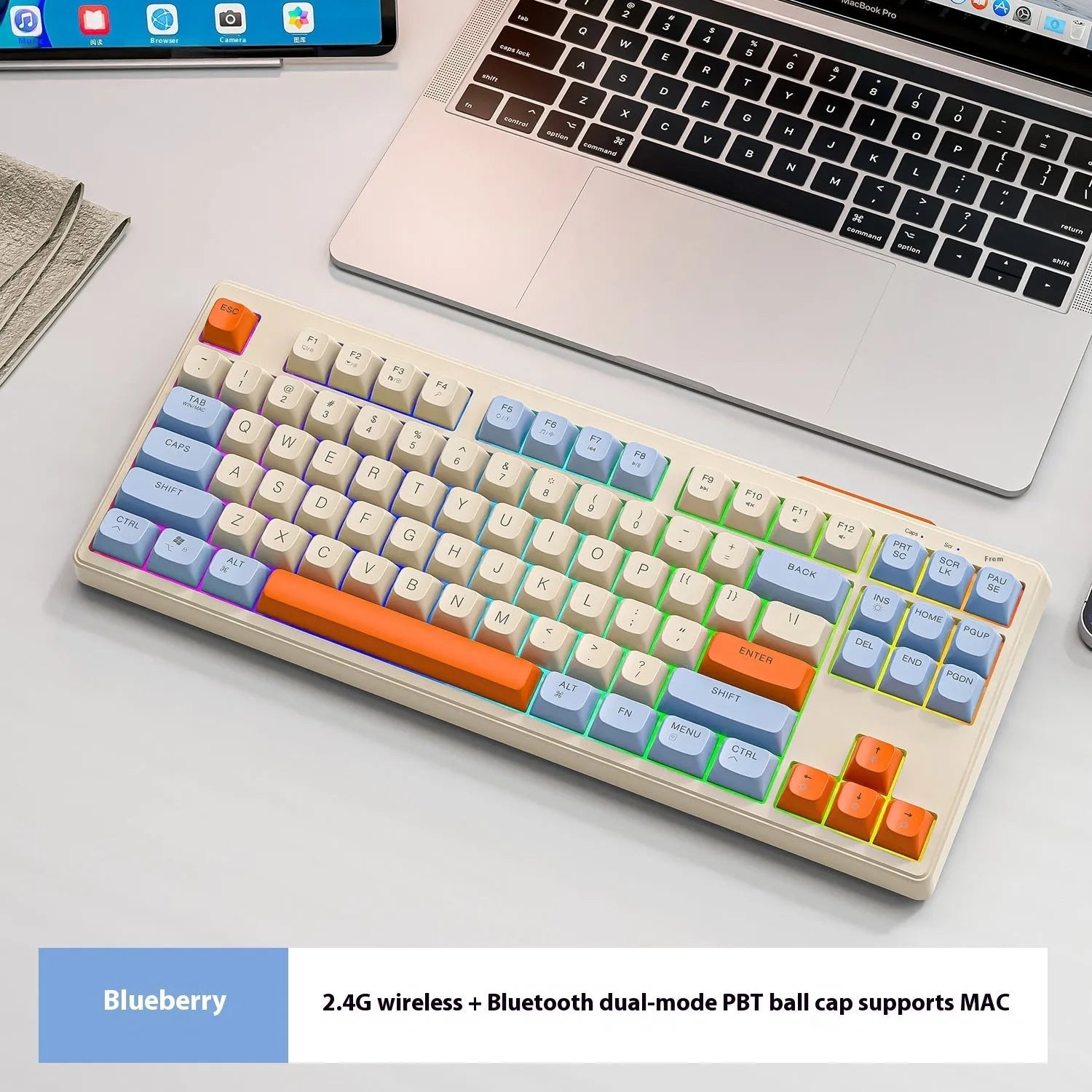 Wolf M87 wireless Bluetooth dual-mode mechanical feeling keyboard in blueberry colour on a desk