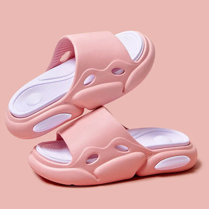 Two-colour thick-soled EVA slippers with a leather lining, shown in pink and purple.