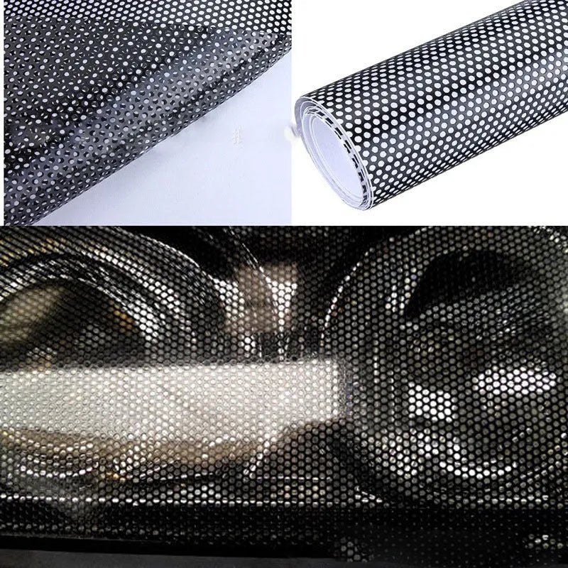 Plastic automotive colour changing film showing perforated mesh pattern and 30x106cm dimensions