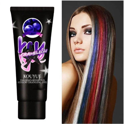 Thermochromic hair dye cream that changes color at 18°C, available in green yellow and black silver