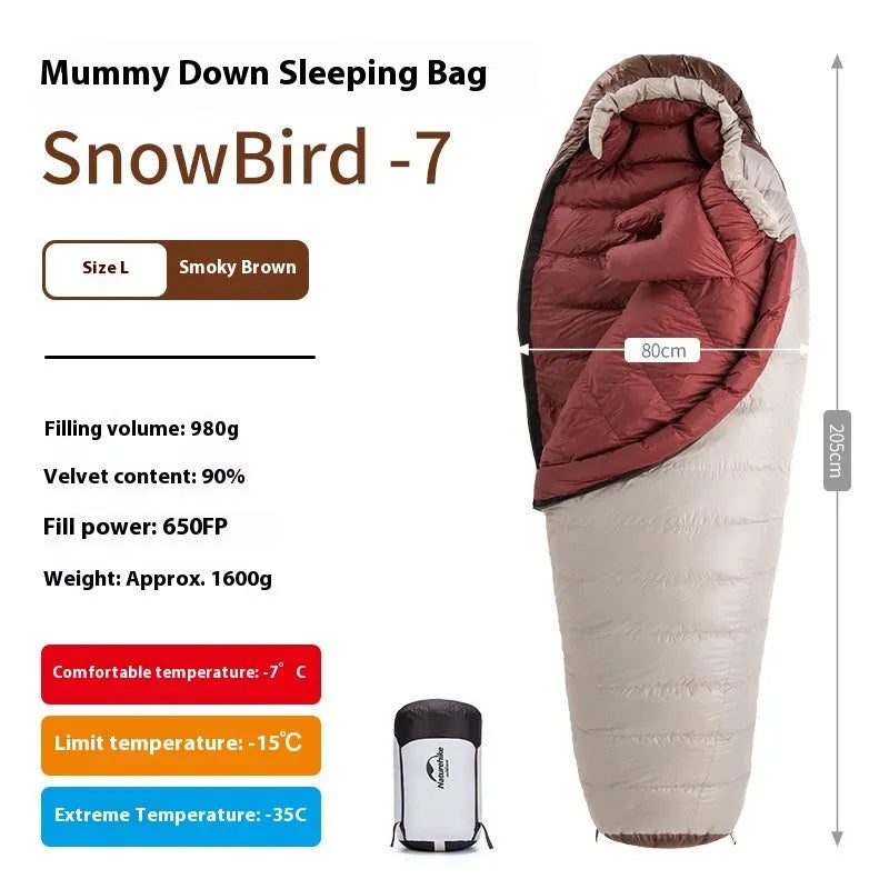 Mummy-style goose down sleeping bag with storage bag, available in 12 specifications from 350g to 1090g fill weight