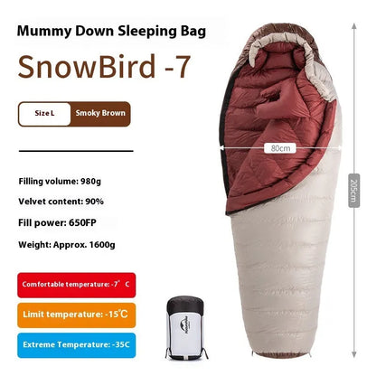 Mummy-style goose down sleeping bag with storage bag, available in 12 specifications from 350g to 1090g fill weight