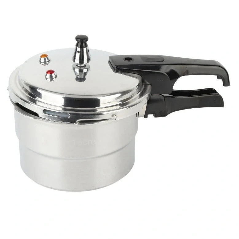 White aluminium alloy pressure cooker with 22cm diameter and double sole bottom for gas and induction cooktops