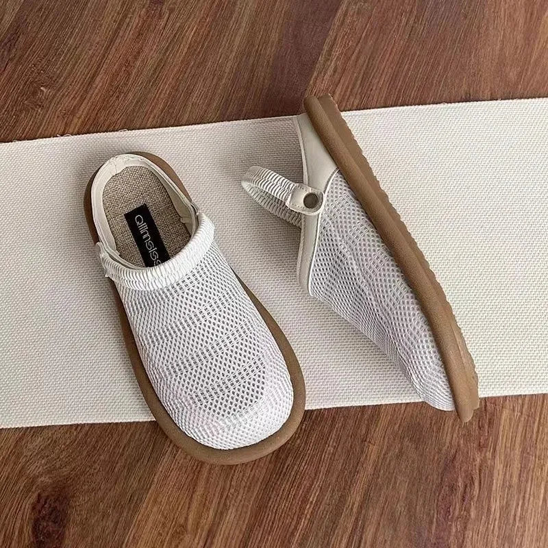 Women's slip-on shoes in linen and mesh, soft rubber sole with closed toe round head style, breathable hollow shallow mouth design for lightweight Mori girl summer wear