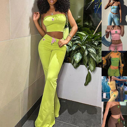 Women's summer embroidery tube top and high waist bell-bottom pants set in various colors