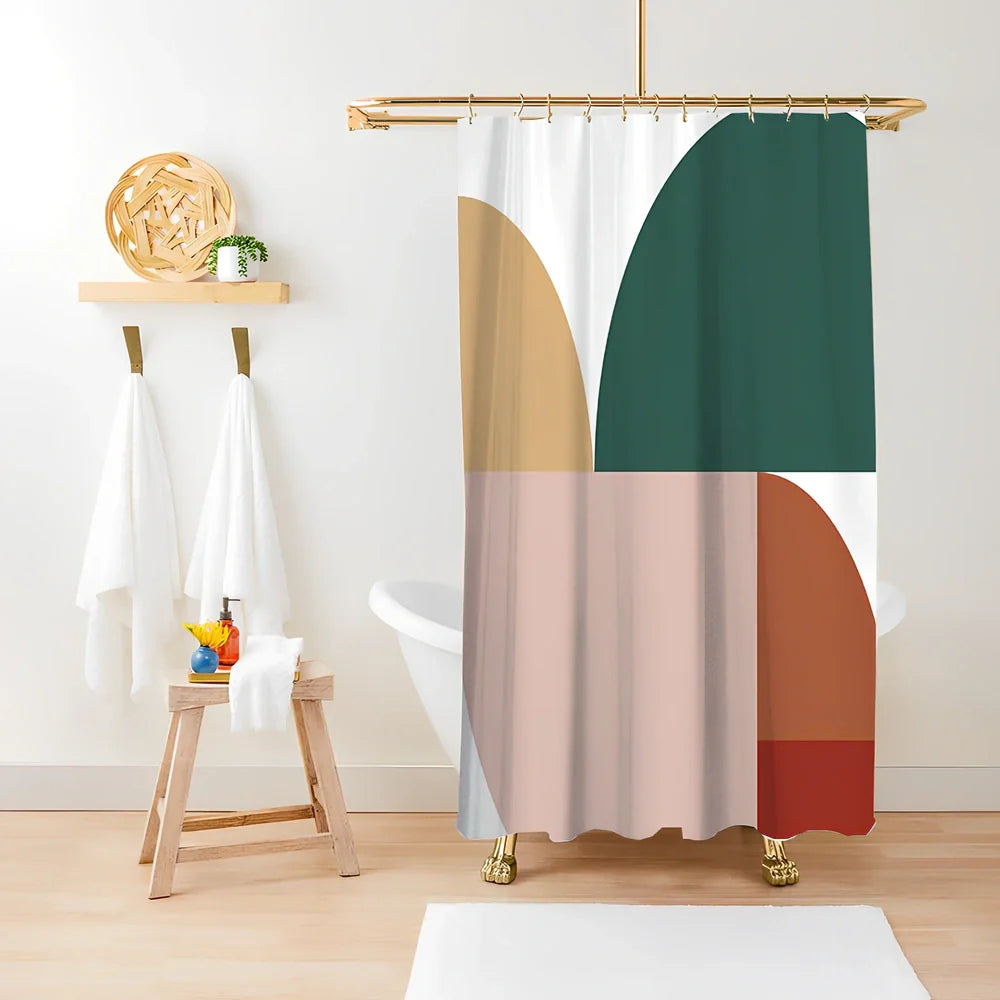 Green plant print shower curtain with waterproof polyester material in bathroom setting