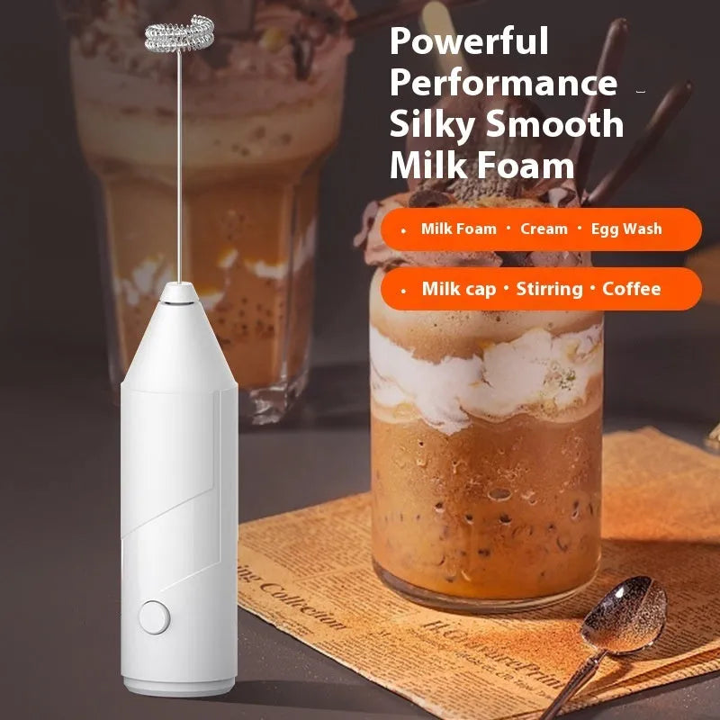 Mini handheld milk frother in black, white or khaki colour with stainless steel whisk and USB charging