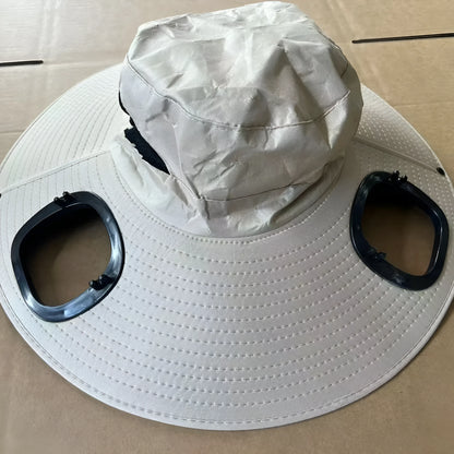 Men's grey solar fan cap with large sun shading eave and adjustable headband