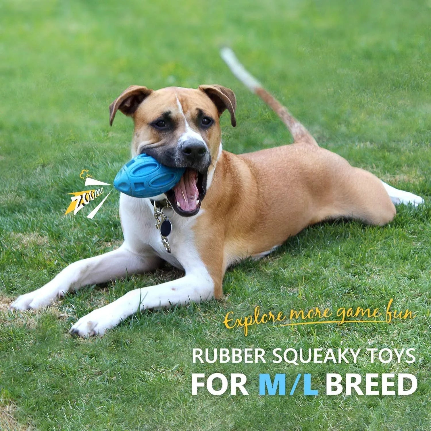 Natural rubber squeaky dog chew ball with surface grooves for medium and large breed dogs