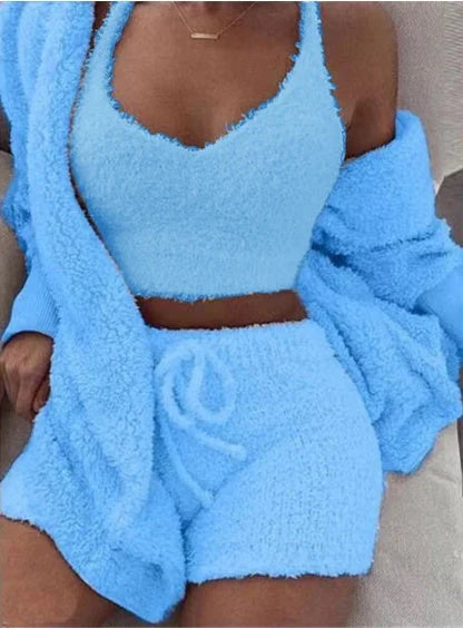 Cozy 3-Piece Women's Pajama Set with Long Sleeve Crop Top and Drawstring Shorts in various colors