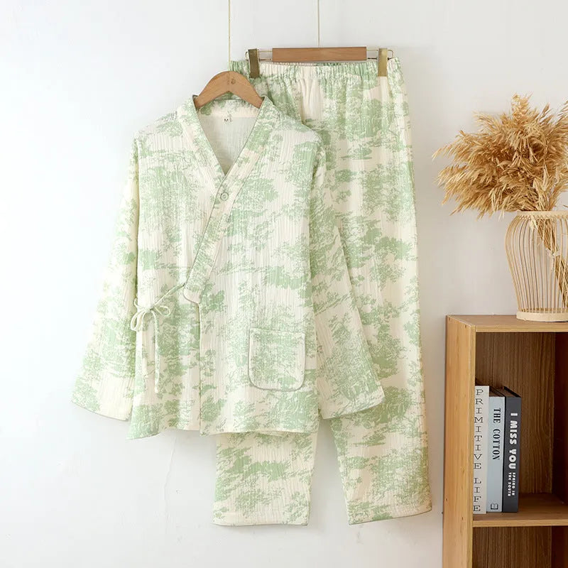 Women's pink pure cotton gauze long sleeve top and matching trousers lounge suit set.