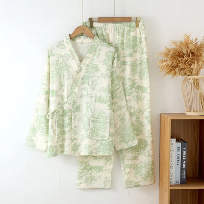 Women's pink pure cotton gauze long sleeve top and matching trousers lounge suit set.