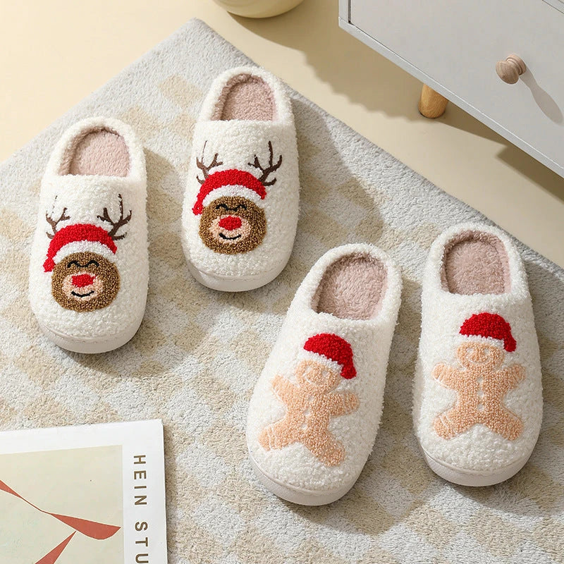 Cozy Christmas slippers in festive designs of Santa Claus, Moose, and Gingerbread Man