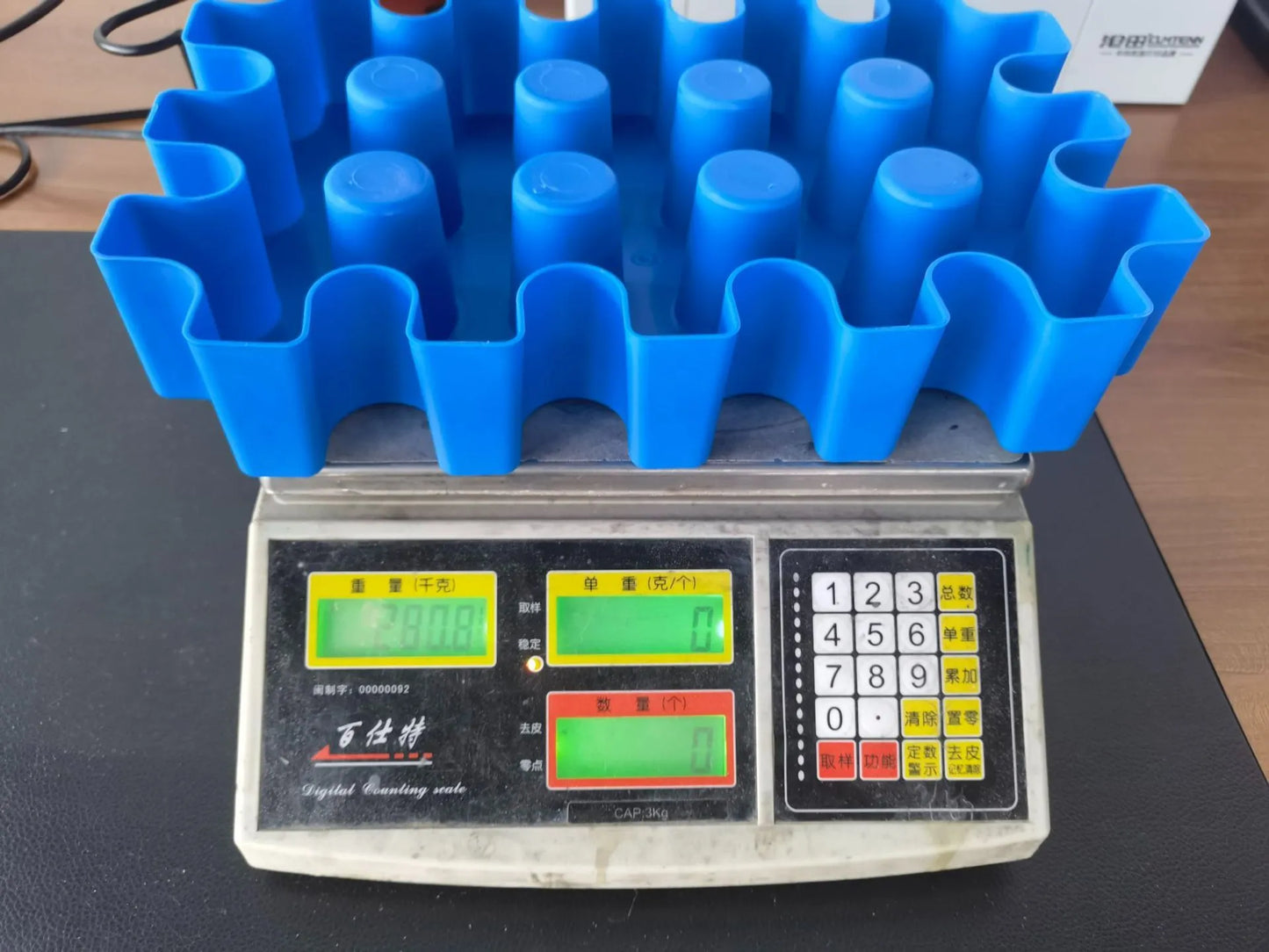 Blue plastic outdoor ice maker tray measuring 34cm long by 22cm wide