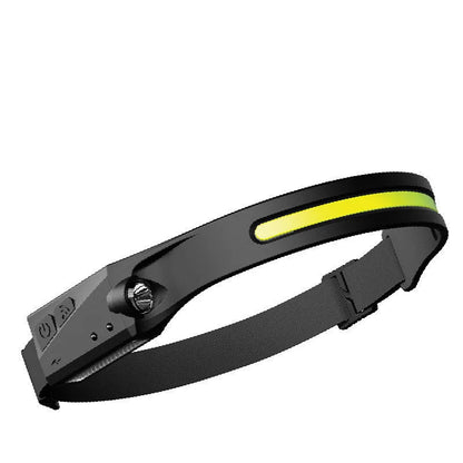 Black silicone USB rechargeable headlamp with a wide COB LED lens and a side wave sensor.