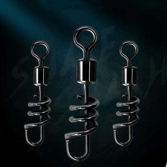 Stainless steel fishing swivel connector with an 8-shaped ring design on a blue background.
