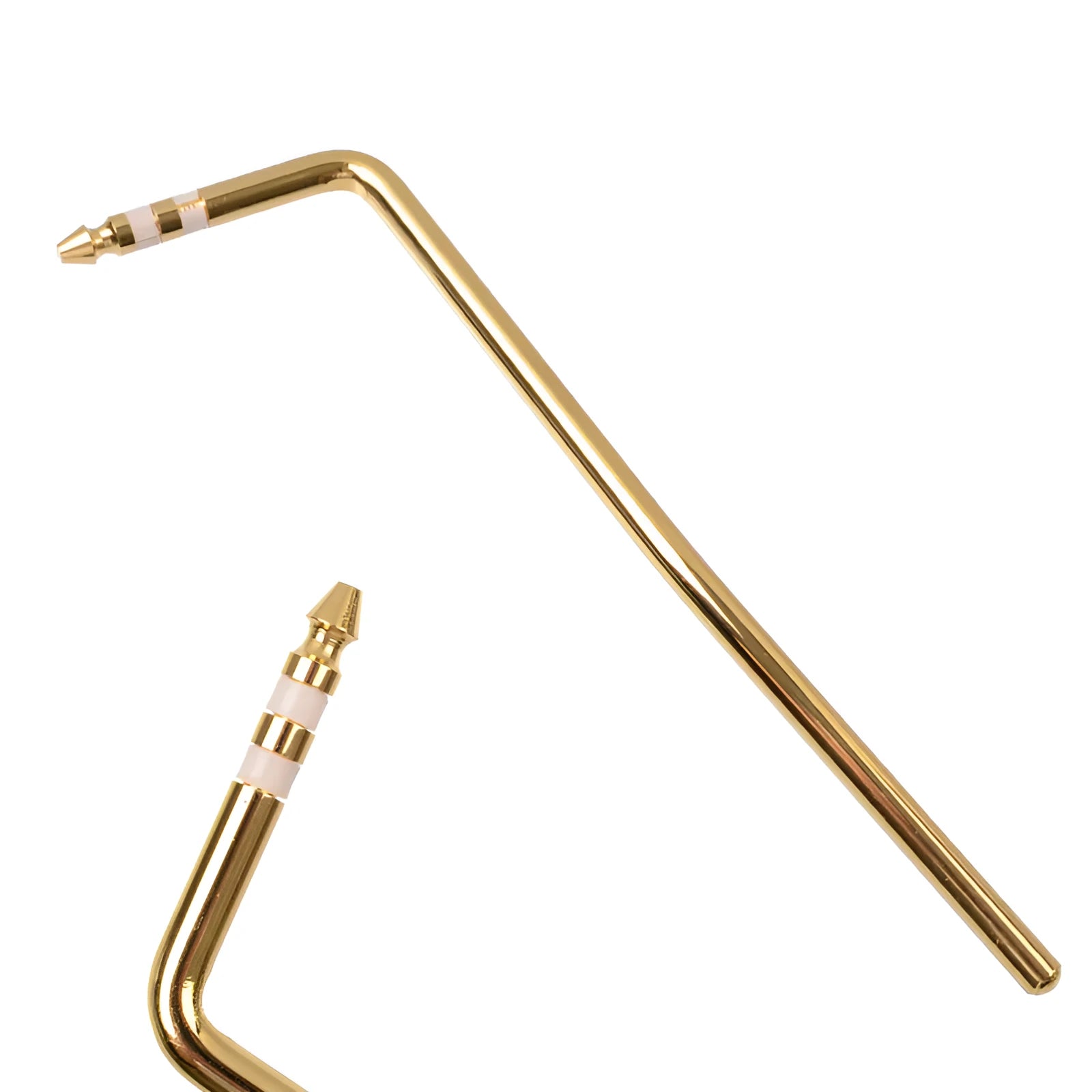 Close-up of a chrome guitar tremolo bar with direct plug-in threaded end.