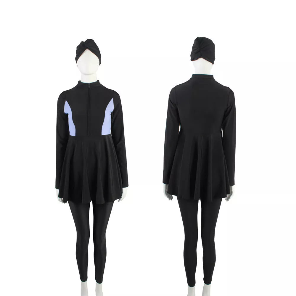 Conservative three-piece Muslim swimsuit for women in black, sizes S to 3XL