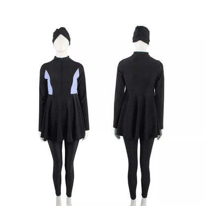 Conservative three-piece Muslim swimsuit for women in black, sizes S to 3XL