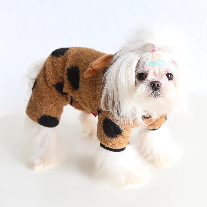 Polka dot elk design pet clothing for cat or dog, shown in four-leg and skirt style options.