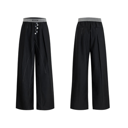 Drooping straight suit pants in black or grey with high waist and button open line design, straight-leg cut