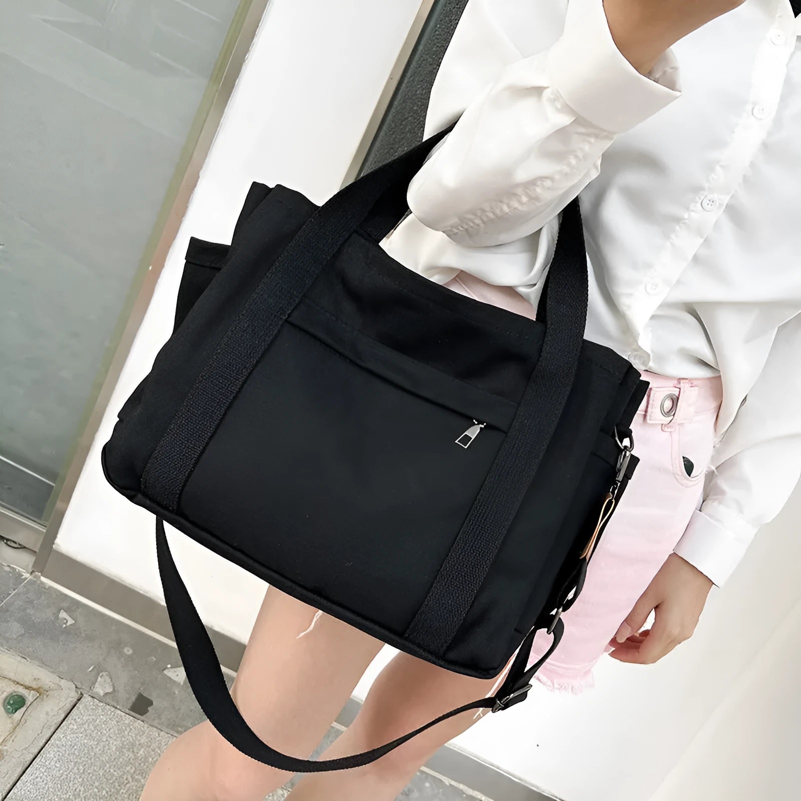 Army Green canvas tote bag showing open top with internal laptop pocket and organisers.