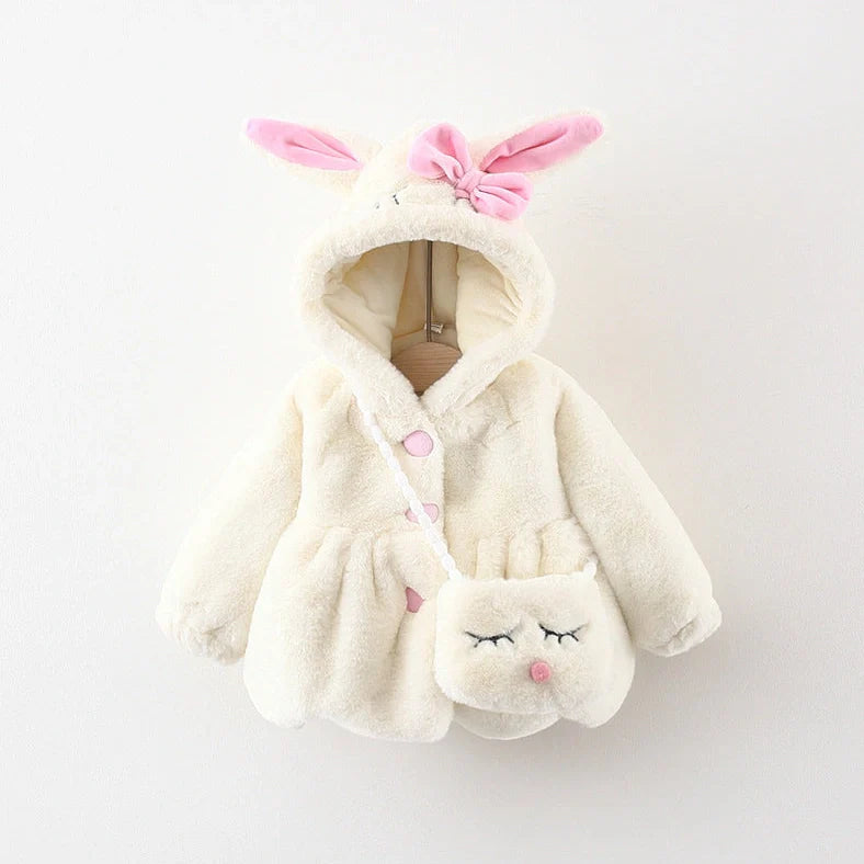 Children's furry cotton-padded coat with cartoon pattern in red colour, showing single-breasted closure and fleece lining