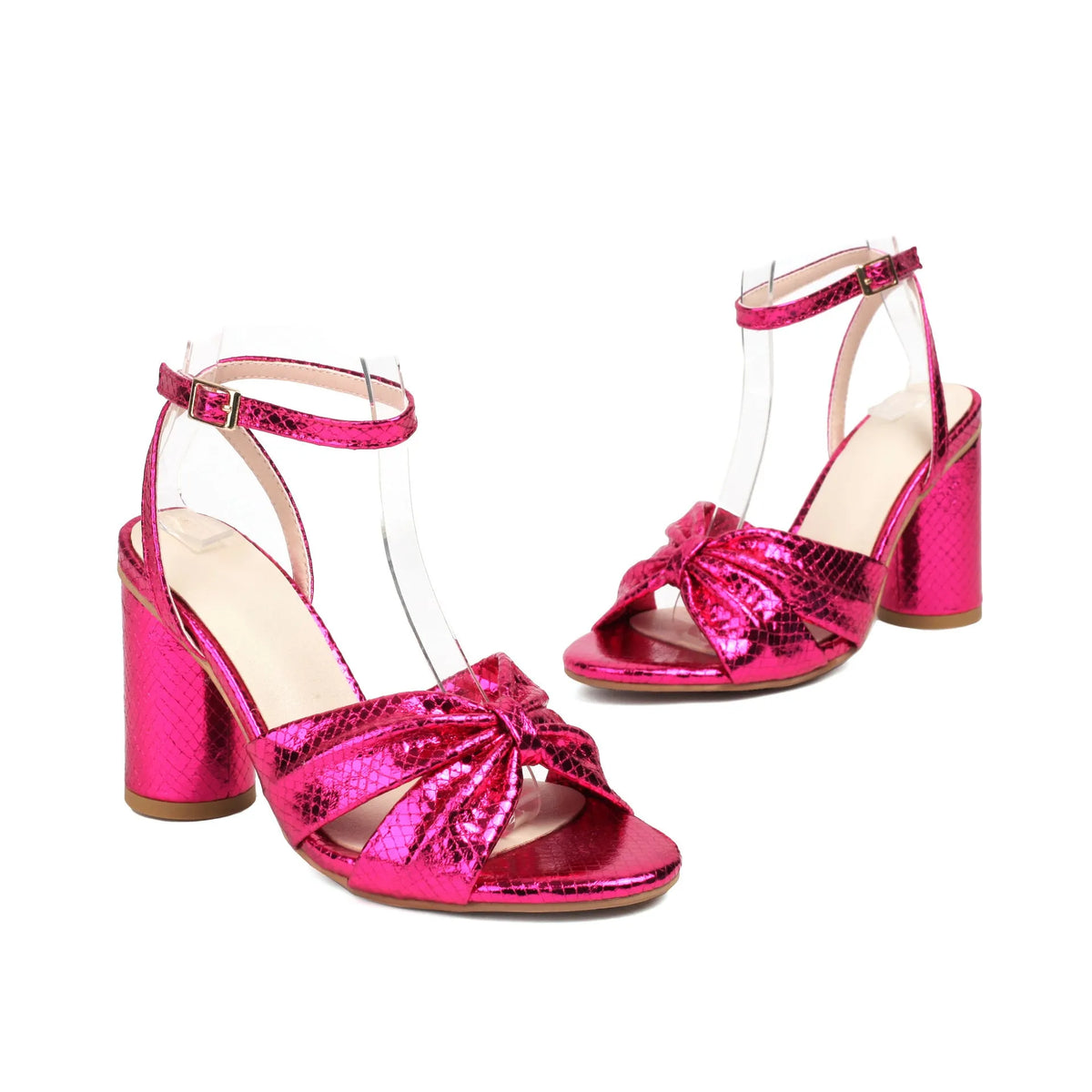 Gold high heel peep toe sandal with an adjustable buckle on the ankle strap.