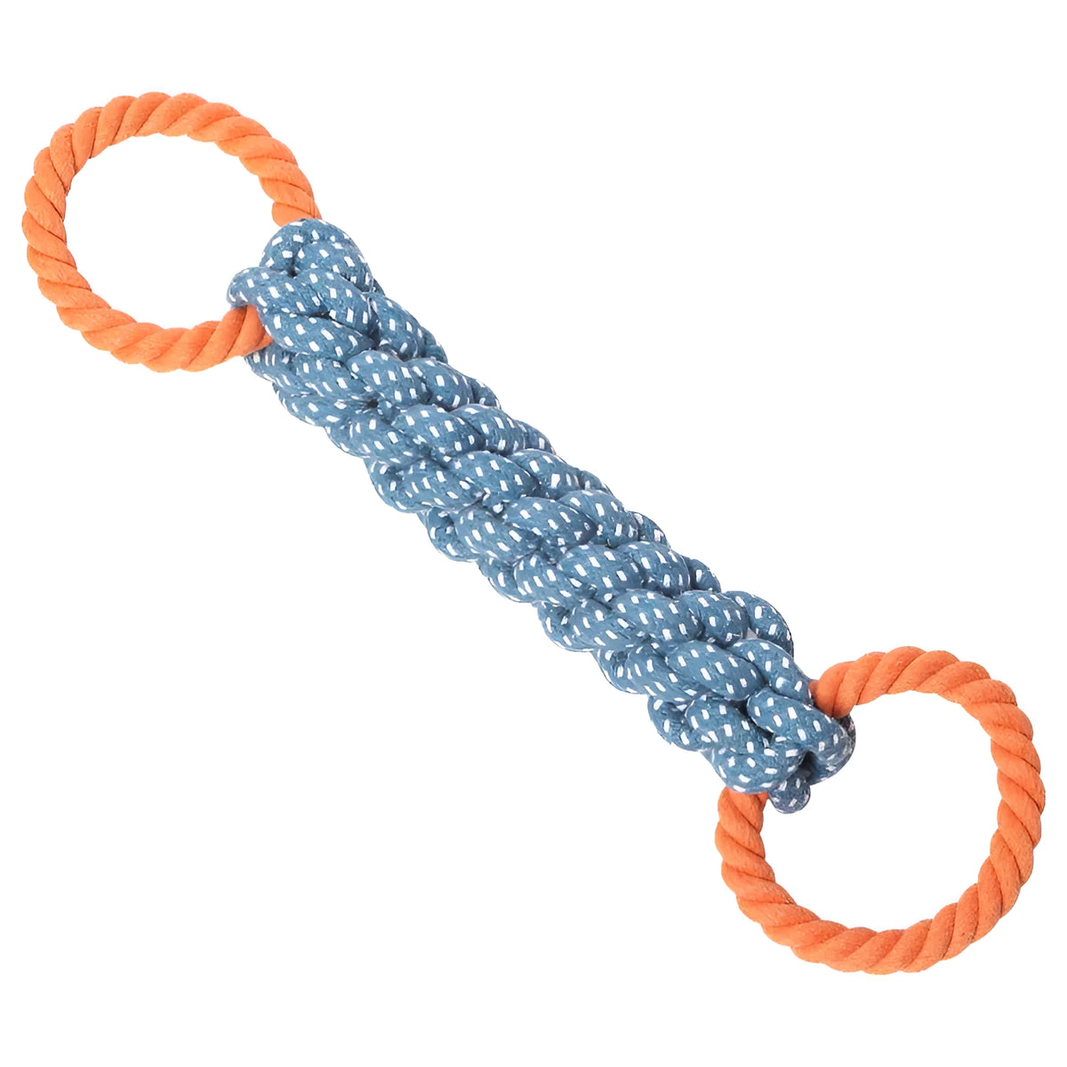 Blue braided bone-shaped cotton rope dog toy with double rings measuring 37 cm