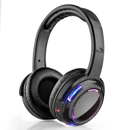Black silent disco wireless headphones with head-mounted design showing 40mm drivers and 3.5mm plug connection